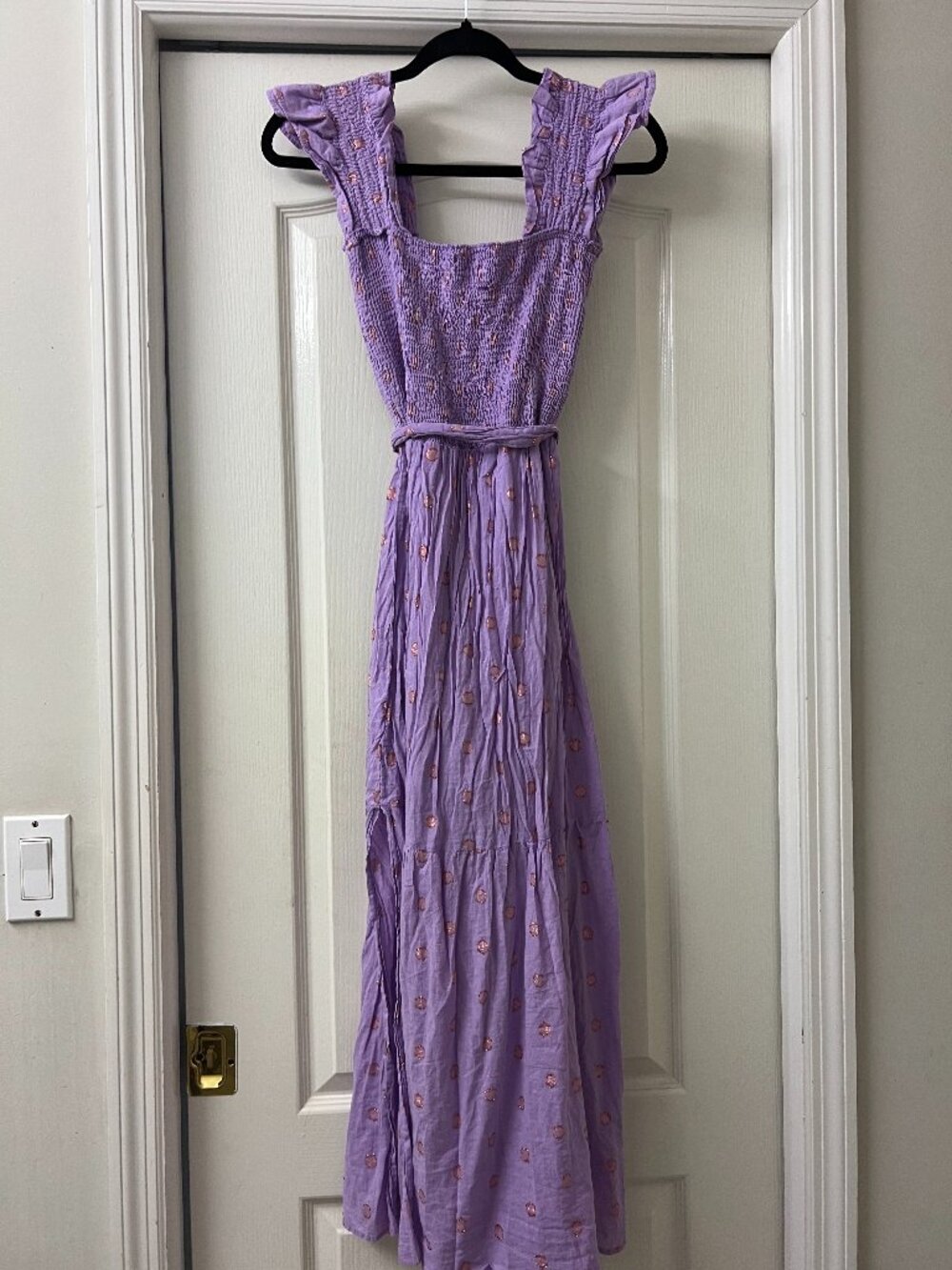 Perry Walker Collective - Purple ruched polka dot maxi dress